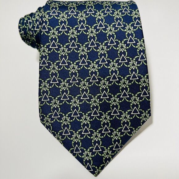 Genuine HERMES Blue Silk Tie w Green Horseshoes, White Triangles 57x3.75 7515IA - Picture 1 of 13